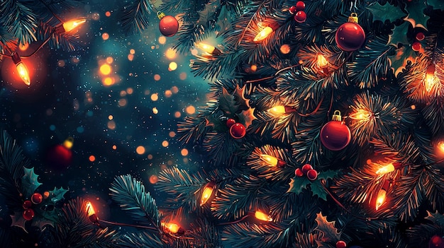 Photo christmas tree with lights red ornaments and holly sprigs