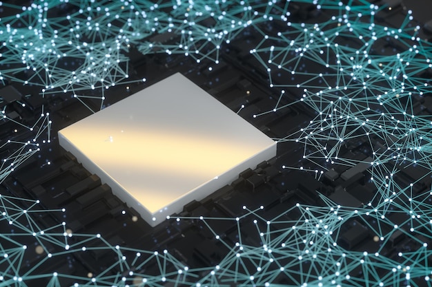 Photo circuit board with glowing cube and lines 3d rendering