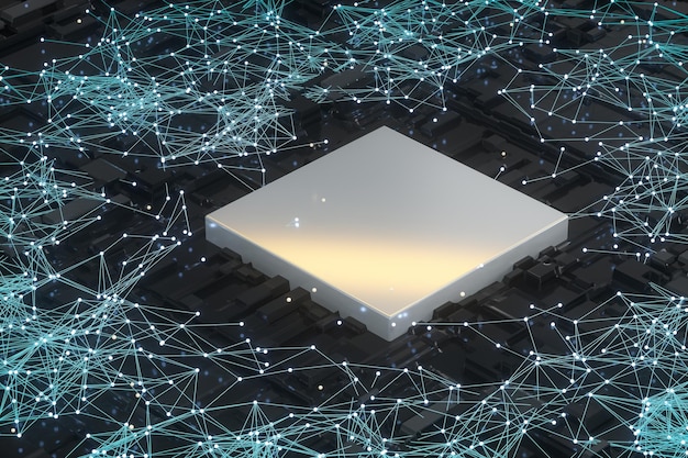 Photo circuit board with glowing cube and lines 3d rendering