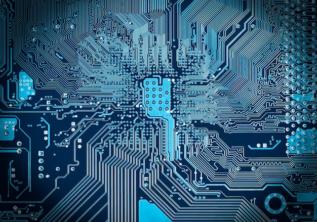 Photo close up blue circuit mainboard of computer background