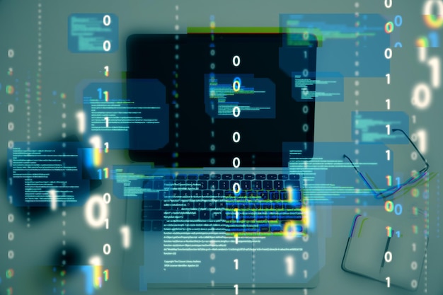 Photo close up of desktop with notebook computer and abstract coding binary code hologram on blurry background artificial intelligence and development concept double exposure