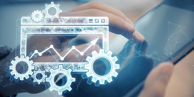 Photo close up of hands using tablet with digital folder with cogs mesh and arrows on blurry backdrop project management icon data management folder project goals task management concept 3d rendering