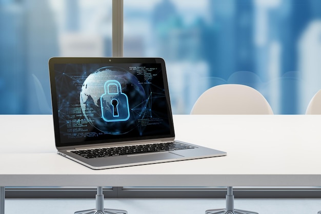 Photo close up of laptop computer on desktop with abstract safety icon on screen with globe and coding blurry windows with city view background secure protection and web concept 3d rendering