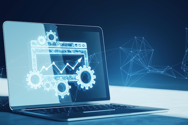 Photo close up of notebook on desk with digital folder with cogs mesh and arrows on blurry backdrop project management icon data management folder project goals task management concept 3d rendering