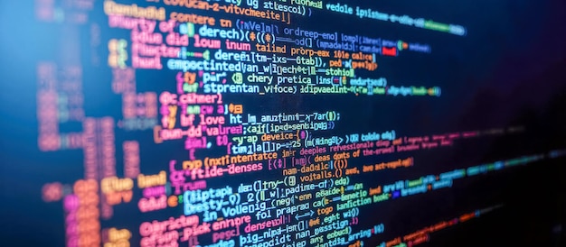 Photo closeup of computer screen displaying colorful lines of code representing programming language syntax software development coding digital data it web development script monitor