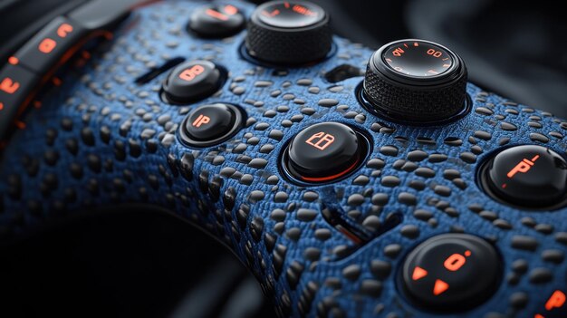 Photo closeup of a gaming controller with textured surface and multiple buttons