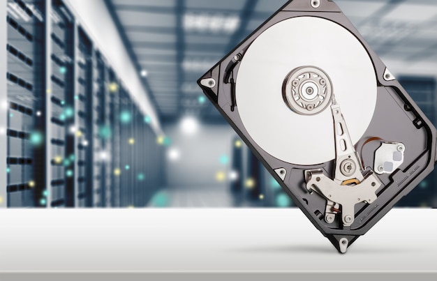 Photo closeup of an open computer hard drive