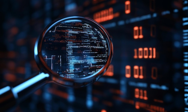 Photo a closeup shot of a magnifying glass scanning over icons that represent coding and programming languages featuring binary code in the background