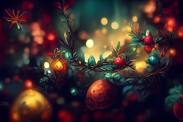 Photo closeup view of decorated christmas spruce tree with hanging spherical toys neural network generated art