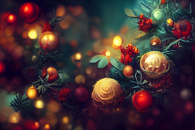 Photo closeup view of decorated christmas spruce tree with hanging spherical toys neural network generated art