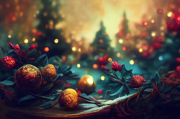 Photo closeup view of decorated christmas spruce tree with hanging spherical toys neural network generated art