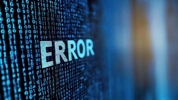 Photo closeup of the word error displayed in binary code online programming programming workshops