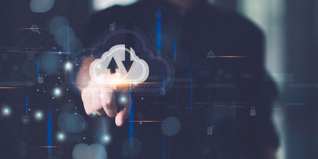 Photo cloud computing backup technology concept access to server communication services database connection with modern hardware and software interface for uploading and downloading data