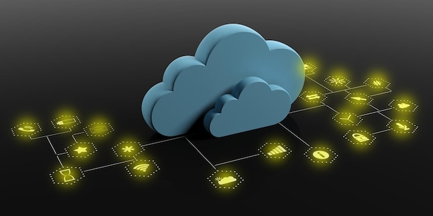 Photo cloud computing and mobile apps blue clouds on black background 3d illustration