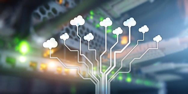 Photo cloud information computing technology concept conceptual banner on server rack background