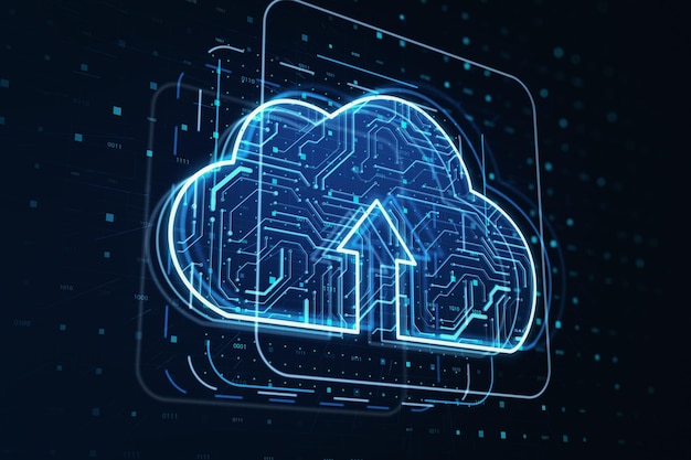 Photo cloud service and digital information exchange concept with perspective view on arrow up in digital cloud symbol made from microcircuit on dark technological background 3d rendering