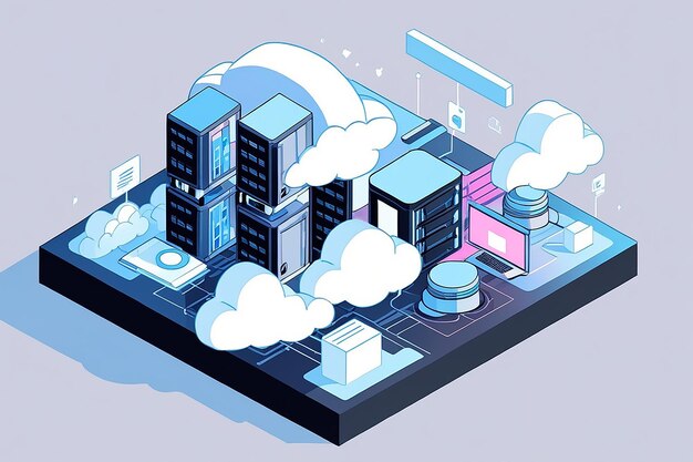 Photo cloud storage isometric illustration data server platform network infrastructure