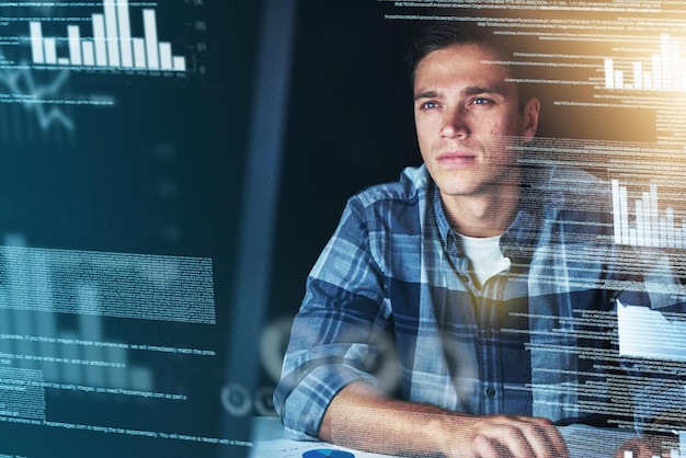 Photo code hologram and man with cloud programming or database with charts graphs or cyber security male person employee or programmer with digital software connection or holographic with information