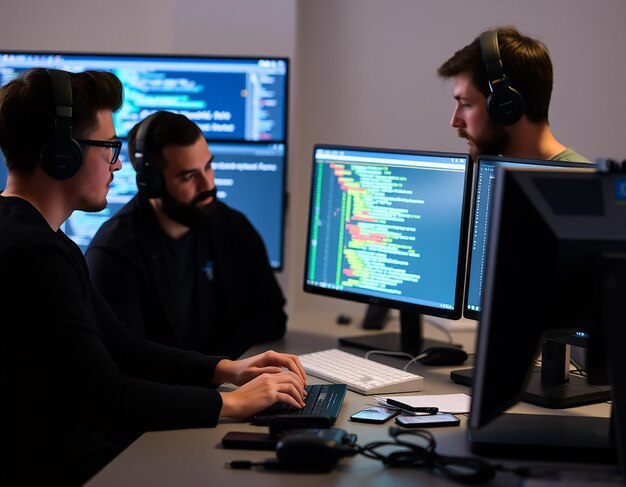 Photo coders discussing about source code compiling discovers errors and asks the rest of the team for explanations in front of multiple screens running algorithms software developers doing teamwork
