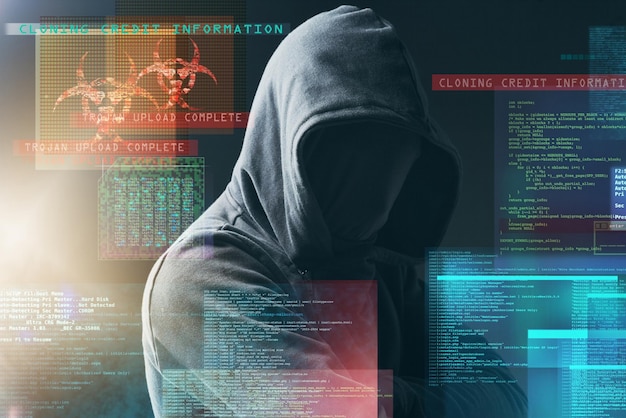Photo coding overlay hacker and man in dark for programming upload virus and information technology cybersecurity computer data and person with ui graphic for online crime financial fraud and malware