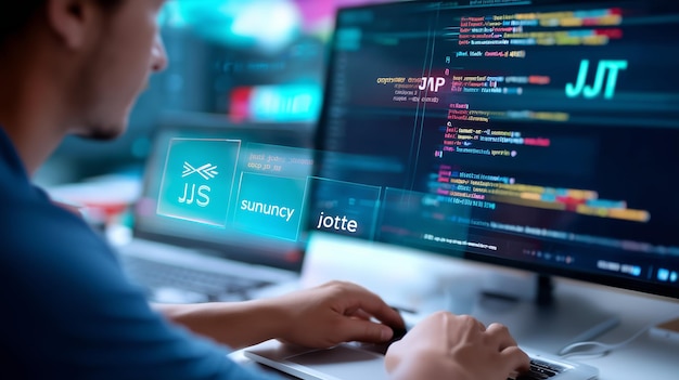 Photo coding session at a technology workspace featuring diverse programming languages on computer screens