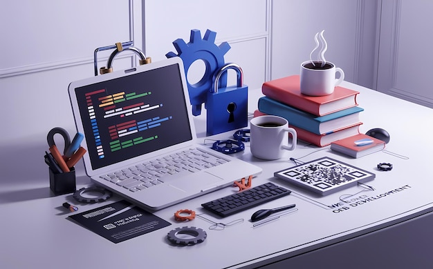 Photo coding universe 3d programming desktop computer screen for development project