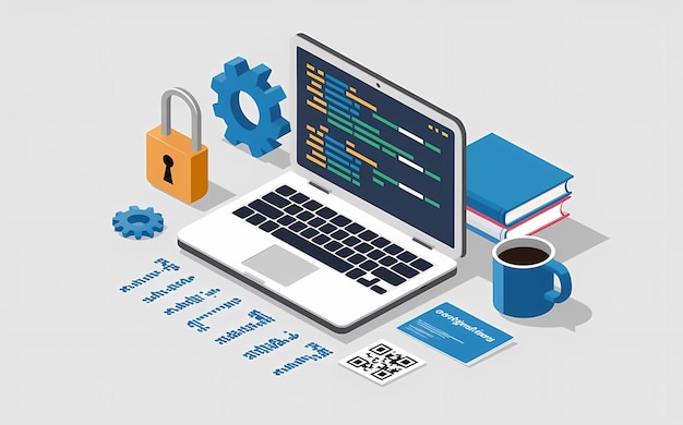 Photo coding universe 3d programming desktop computer screen for development project