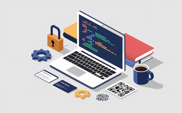 Photo coding universe 3d programming desktop computer screen for development project