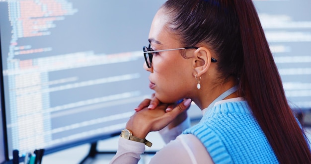 Photo coding woman and thinking with computer for software development reading information and system update professional programming and cyber security with it database for analysis and script testing