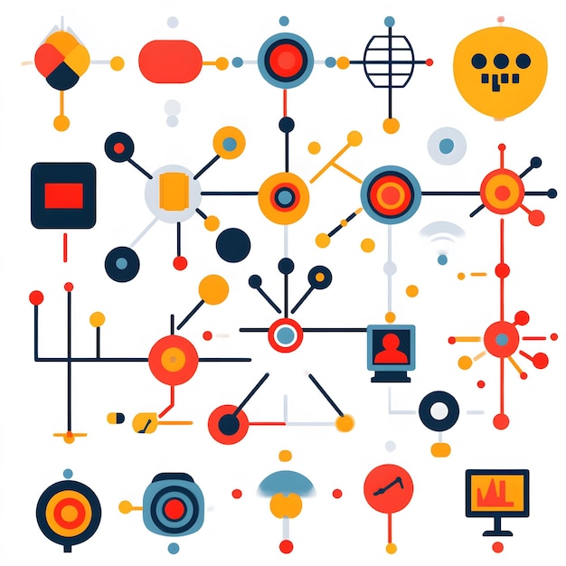 Photo collection of icons representing various diagrams with images of flowcharts network diagrams and process maps includes symbols of data pathways structured processes and organizational structures