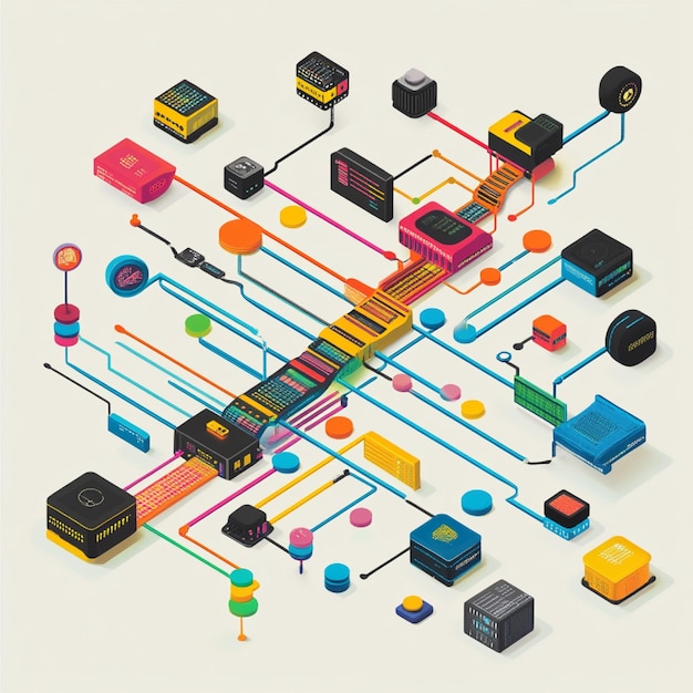 Photo a colorful flowchart representing how different programming languages interact with hardware and sof