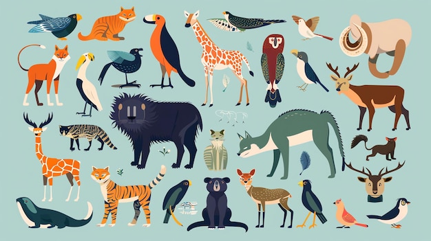 Photo colorful illustration featuring a diverse group of animals in a whimsical style