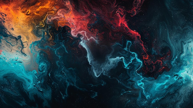 Photo a colorful painting of a galaxy with blue red and yellow swirls