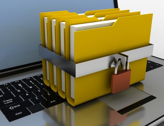 Photo computer folders with padlock.3d illustration