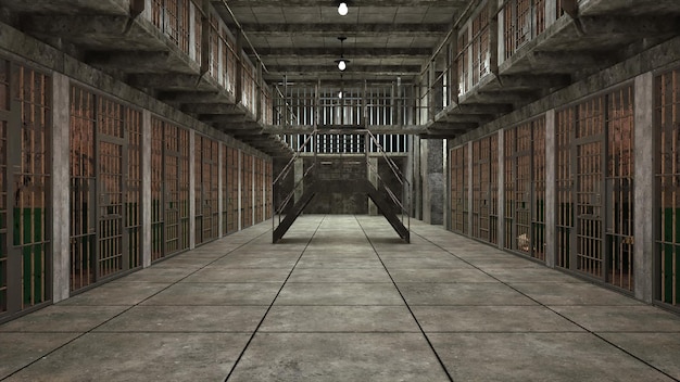 computer generated background several gloomy prison blocks on two floors 3d rendering