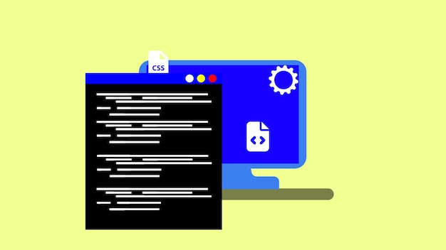 Photo computer monitor displaying code and a settings icon symbolizing web development and programming