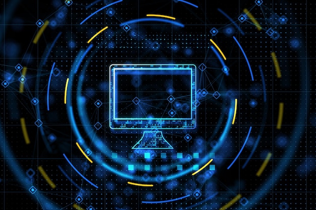 Photo computer network concept with digital computer design icon surrounded in abstract blue and yellow circles on technological background 3d rendering