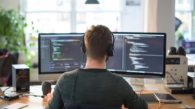 Photo computer programmer male writing program code on computer online work from home