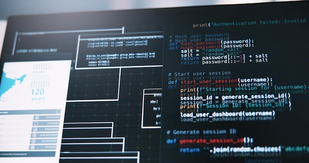 Photo computer screen code and software development with programming language for ai or web design at office empty technology or display with backend ui for ux cybersecurity or database at workplace