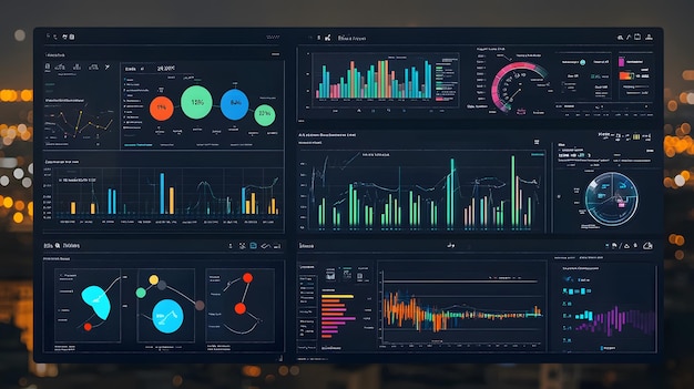 Photo computer screen displaying multiple charts and data visualizations