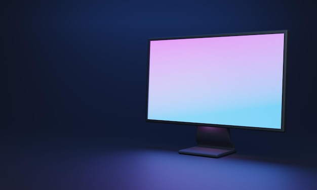 Photo computer screen mockup glowing angle view on a dark background 3d illustration