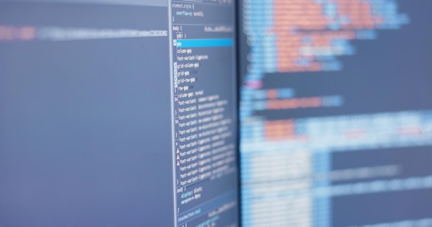 Photo computer screen programming and coding for software development analysis and server empty database and technology with research it system and cyber security with digital password or website info