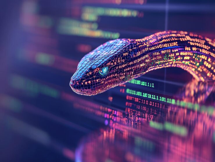 Computer screen with python code and digital snake symbolizing data engineering programming