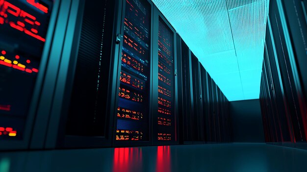 Photo a computer server room with many servers and a blue ceiling