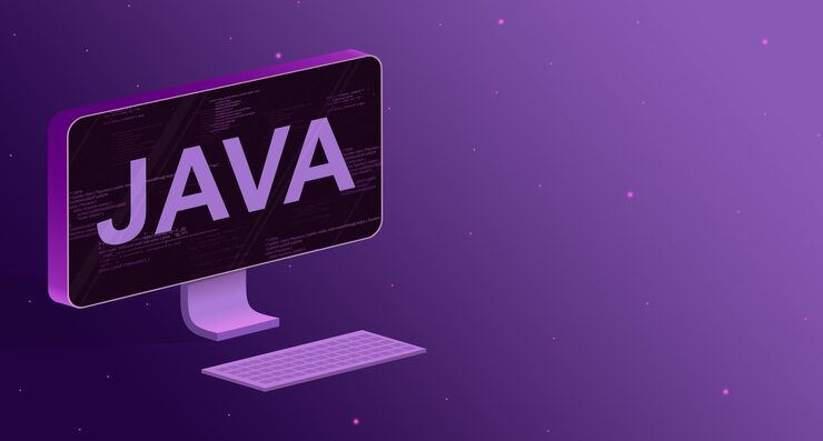 Computer with elements of program code on the screen and the inscription Java and a keyboard on a purple background 3d