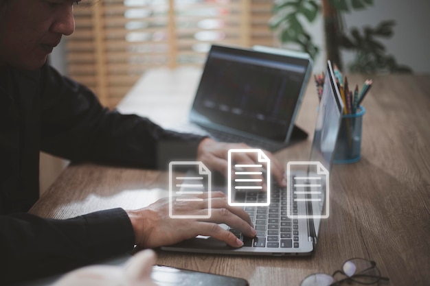 Photo concept of document management using symbols on a virtual screen, erp