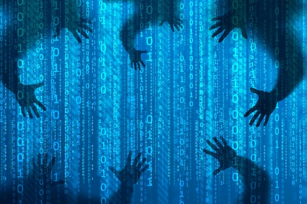 Photo the concept of instability in computer networking shadow of a thief with binary or digital background stealing information in the network