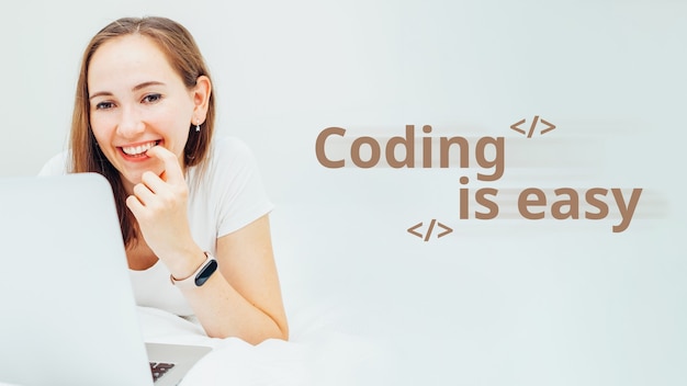 Photo the concept of learning programming languages labeled coding is easy.