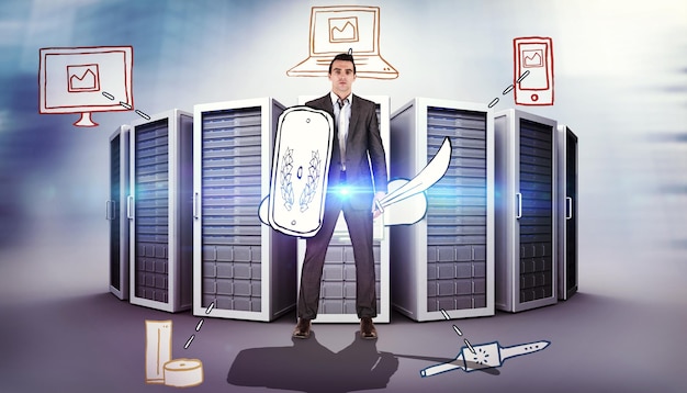 Photo corporate warrior against composite image of cloud computing doodle