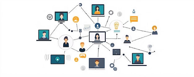 Photo coworkers communicating using network technology sharing ideas and data